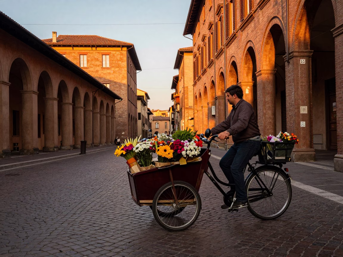 Bicycle Loaded in Bologna at Sunset Light in in Bologna, Italy