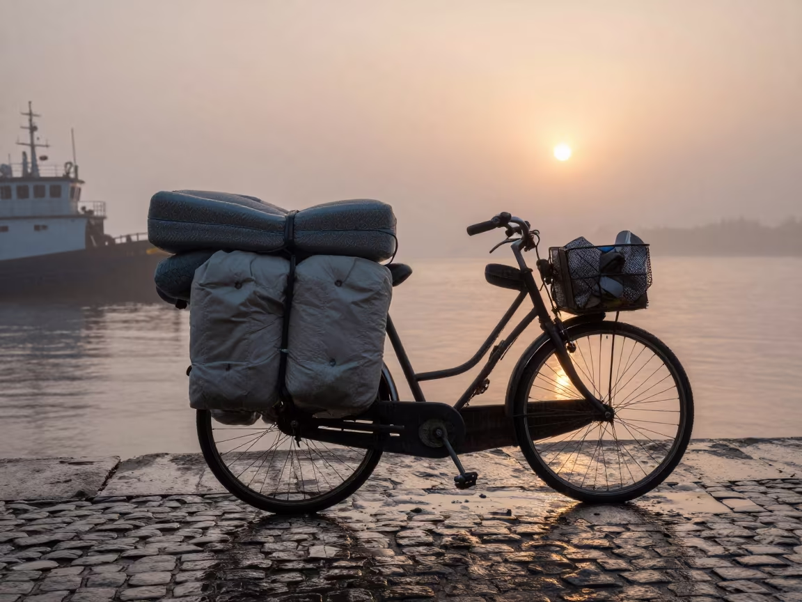 Bicycle Mattress Load at Foggy Harbor Sunset in beside a fogbound harbor mouth in the Pampas