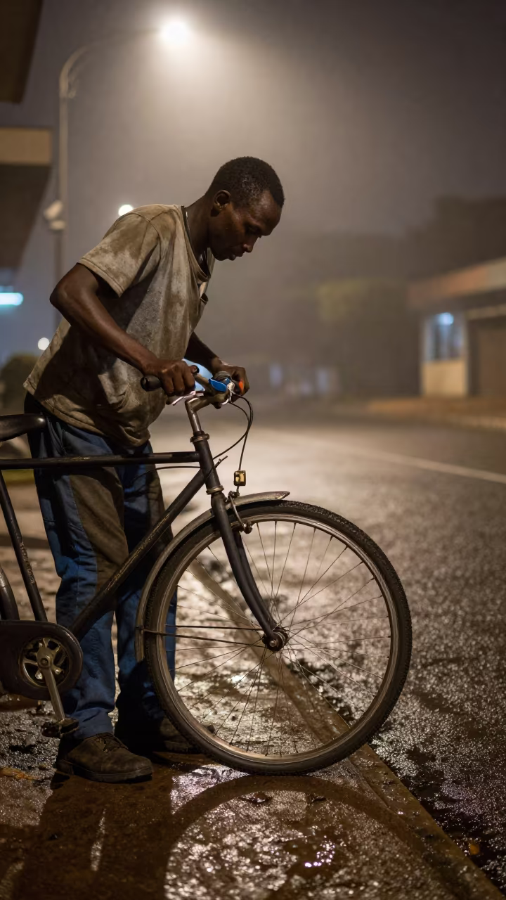 Bicycle Mechanic Truing Wheel Late Night Mist in near Kinshasa