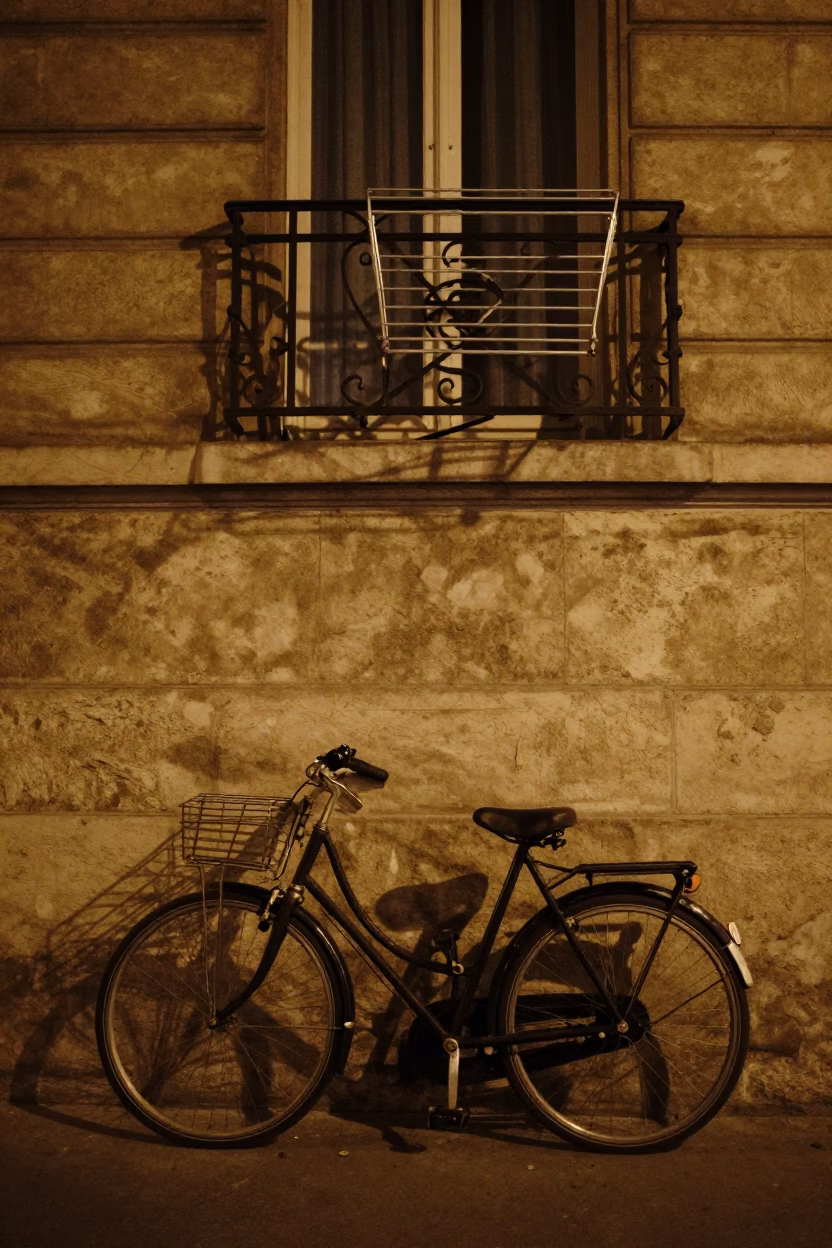 Bicycle Parked at Deep In The Night Light in Paris in in Paris, France