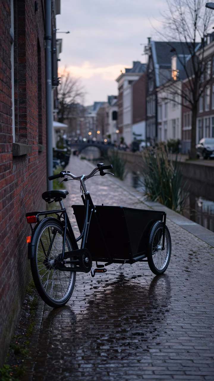 Bicycle Parked in Amsterdam at First Light Of Dawn in in Amsterdam, Netherlands