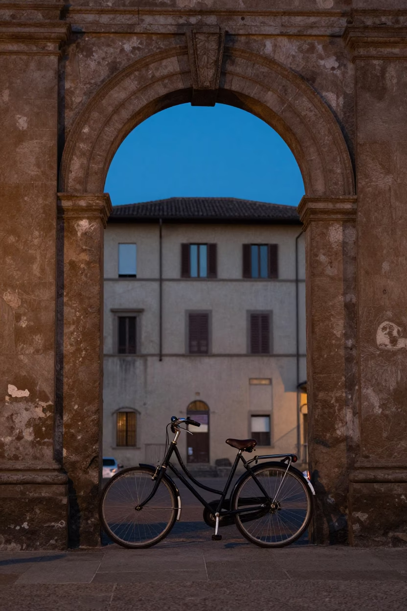 Bicycle Parked in Florence at Nautical Dawn Light in in Florence, Italy