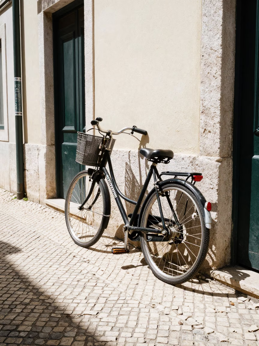 Bicycle Parked in Lisbon at The Flat Glare Of Noon Light in in Lisbon, Portugal