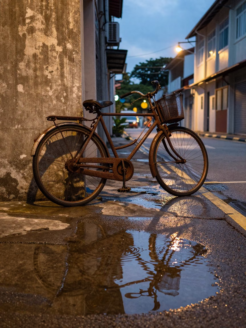 Bicycle Parked in Singapore at Nautical Dawn Light in in Singapore, Singapore