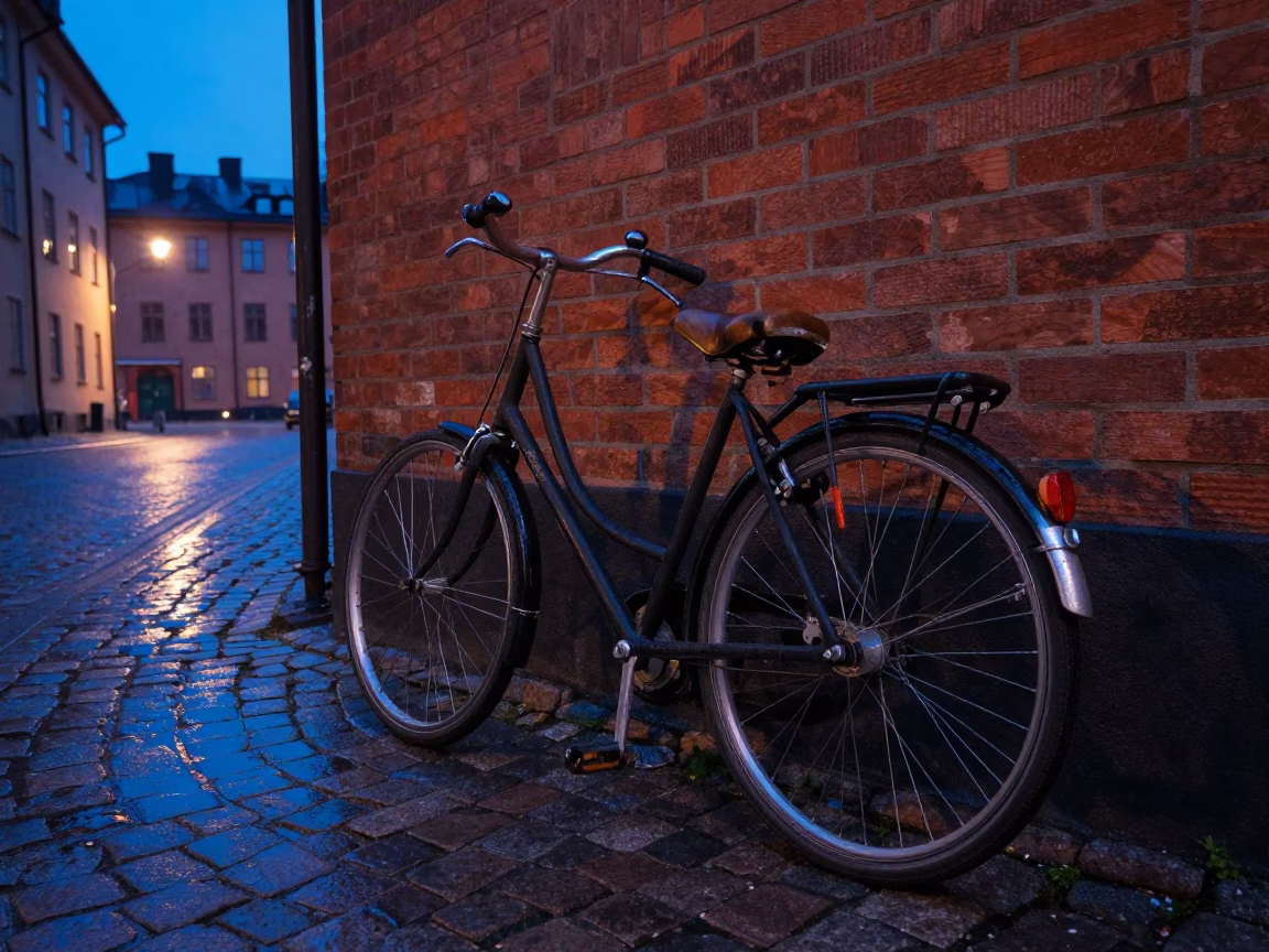 Bicycle Parked in Stockholm at Blue Hour in in Stockholm, Sweden