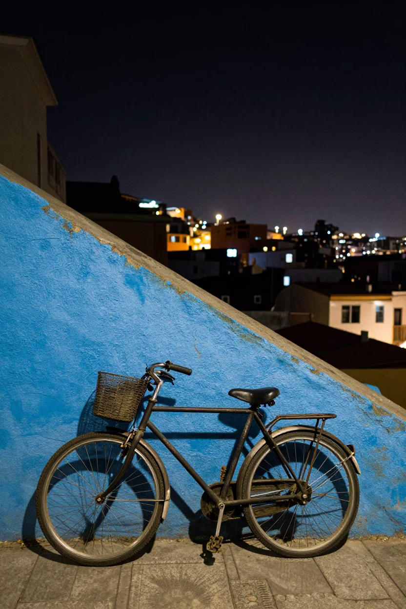 Bicycle Parked in Valparaiso at The Deepest Night Sky Light in in Valparaiso, Chile