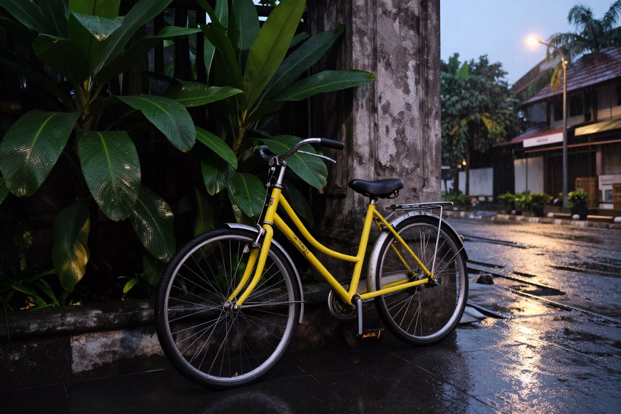 Bicycle Parked in Yogyakarta at Dusk Light in in Yogyakarta, Indonesia