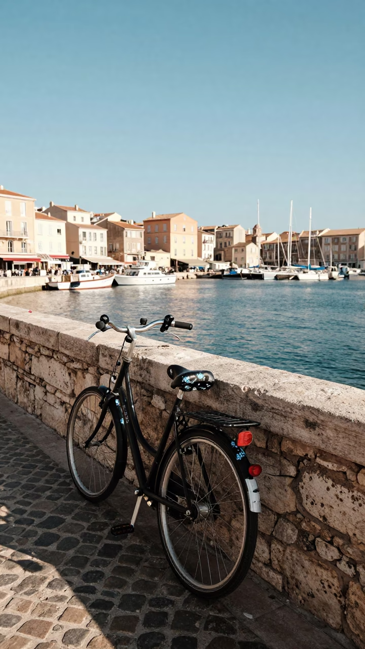 Bicycle parked near historic Marseille port with blue floral porcelain in late afternoon light in in Marseille, France
