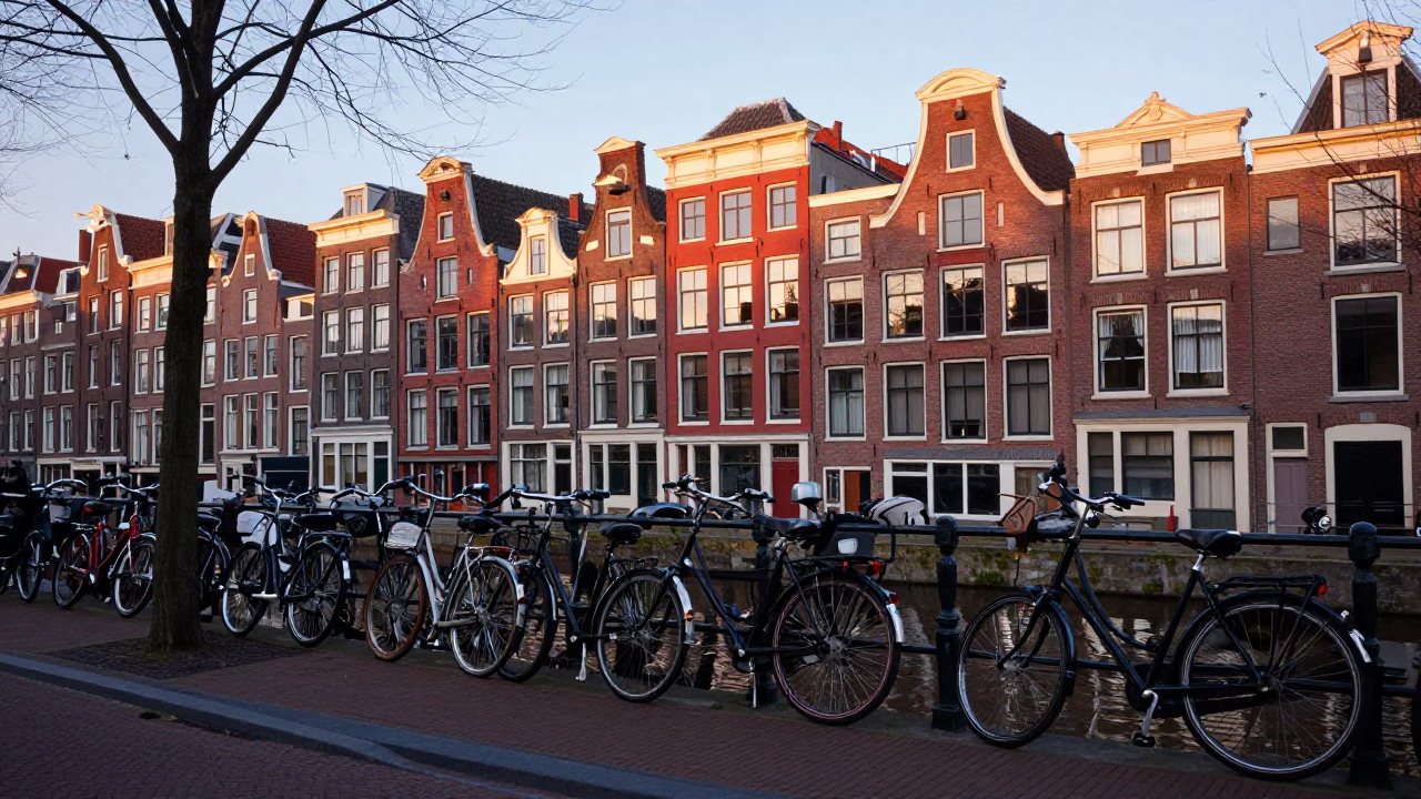 Bicycle Parking in Amsterdam at As First Light Reaches The Scene in in Amsterdam, Netherlands