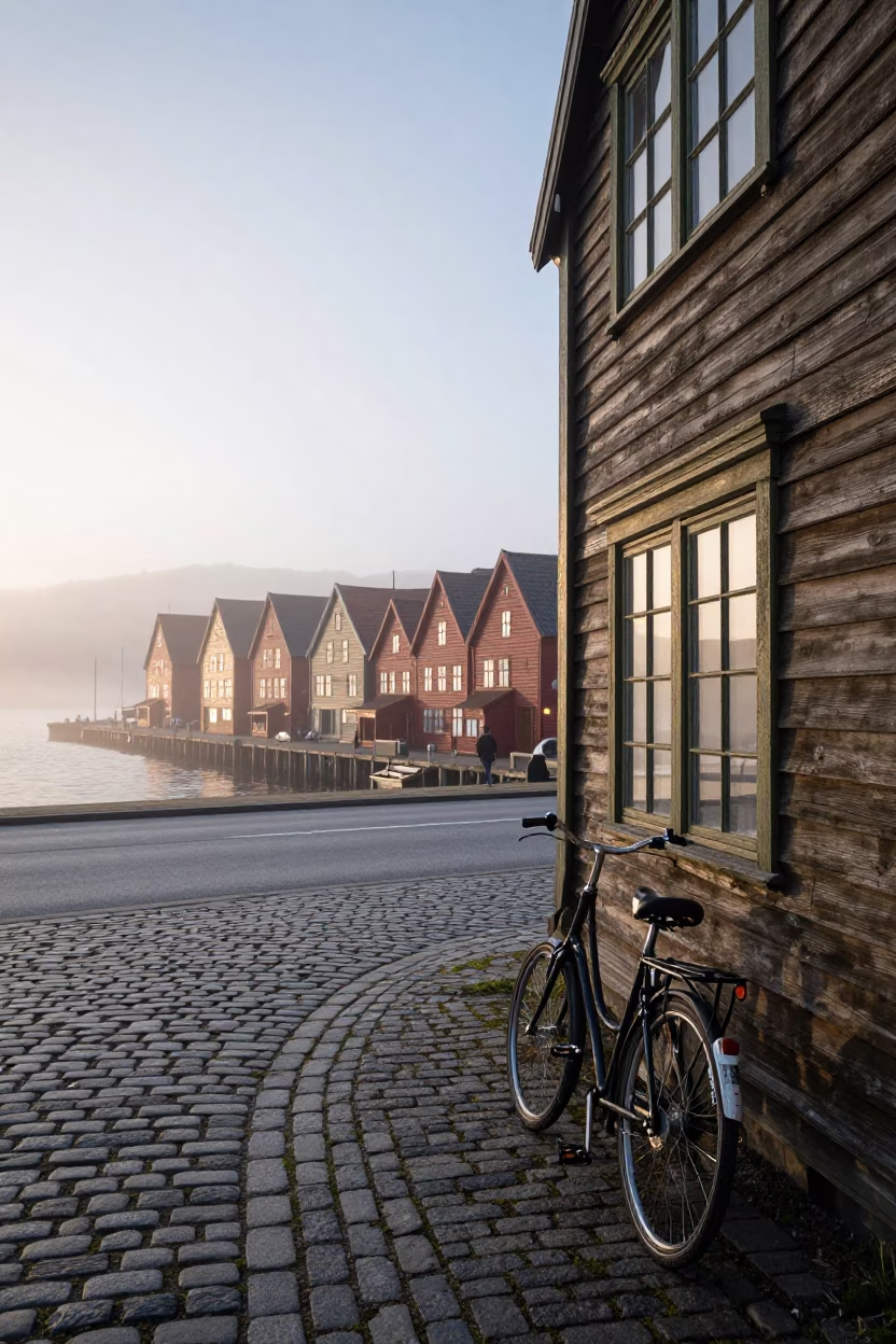 Bicycle Propped Against Bakery at Dawn in Bergen Norway with Morning Light in in Bergen, Norway