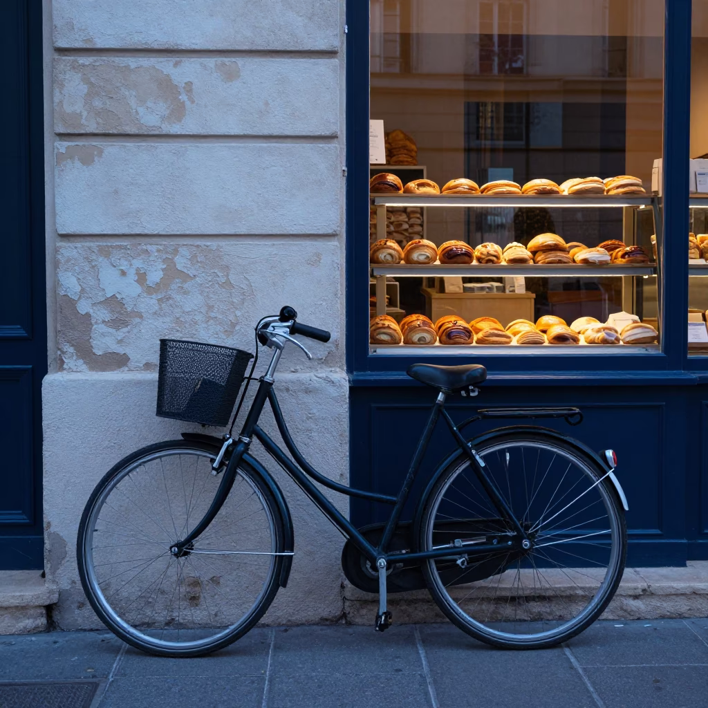 Bicycle Propped Against Bakery at Dawn Marseille France in in Marseille, France