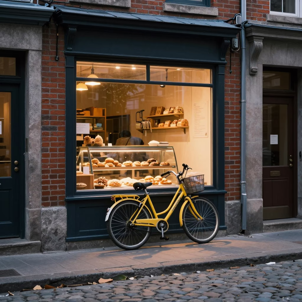 Bicycle Propped Against Montreal Bakery at Dawn with Construction Rebar Nearby in in Montreal, Quebec, Canada