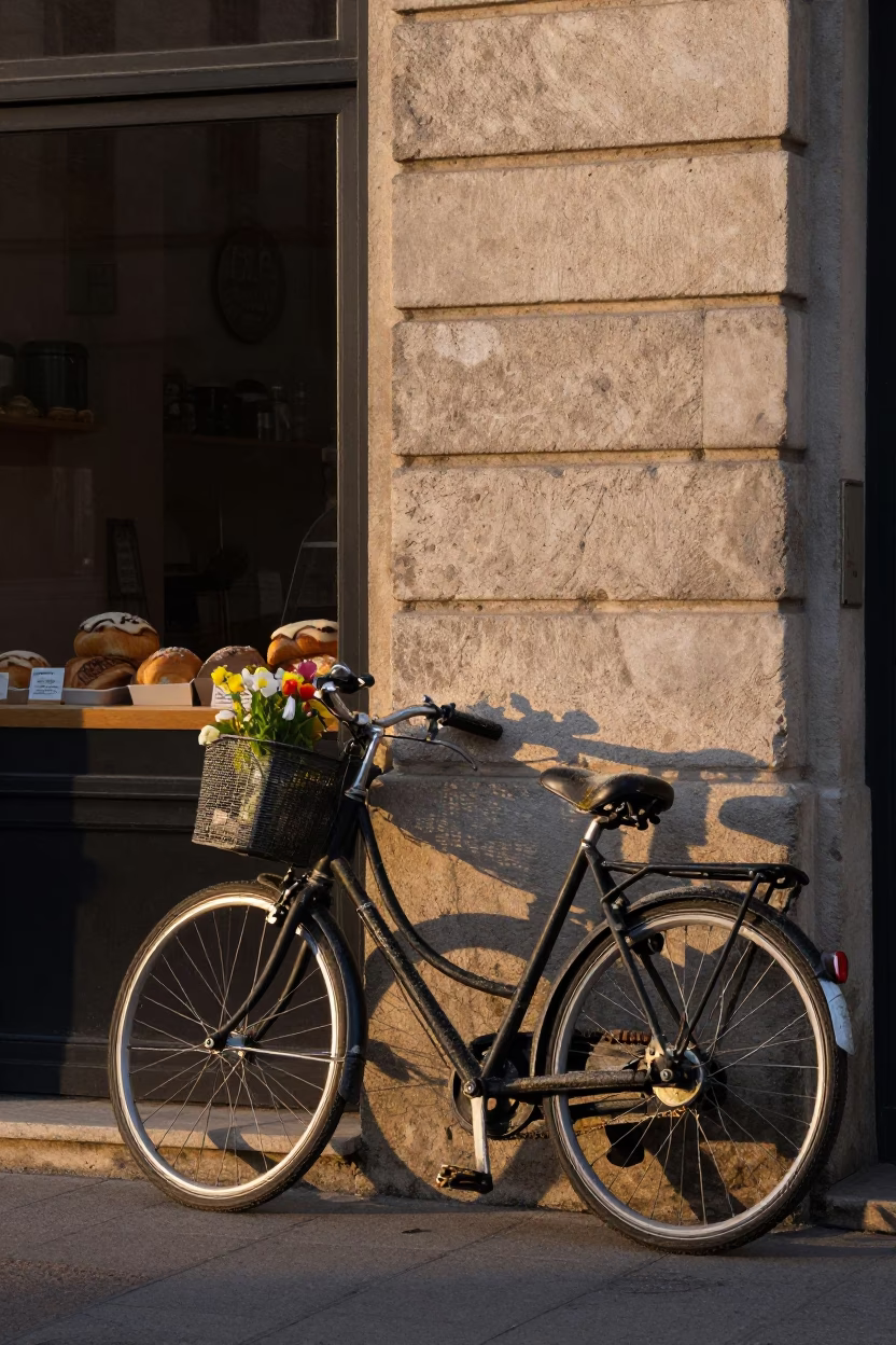 Bicycle Propped Against Traditional Lyon Bakery at First Light Dawn in France in in Lyon, France