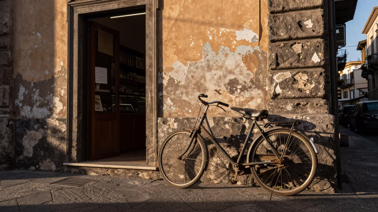 Bicycle Propped at As First Light Reaches The Scene in Palermo in in Palermo, Italy
