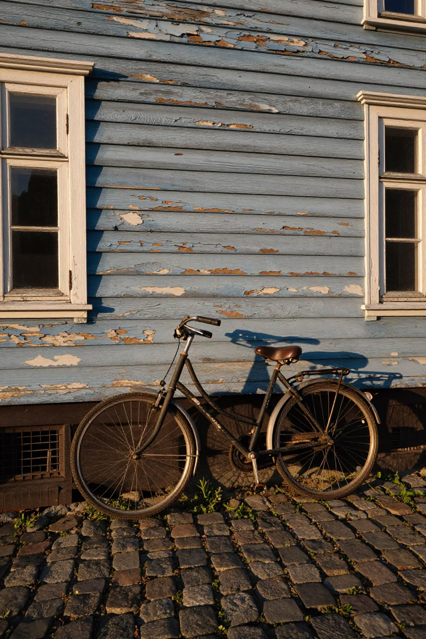 Bicycle Propped in Bergen at Honeyed Evening Light in in Bergen, Norway