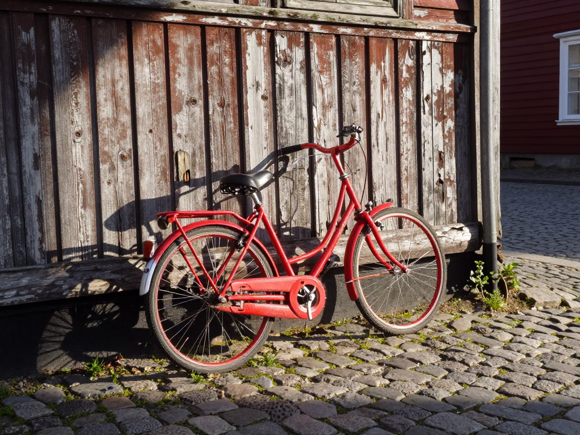 Bicycle Propped in Bergen at The Late Morning Light in in Bergen, Norway