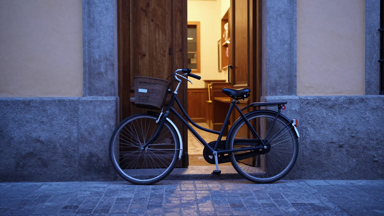 Bicycle Propped in Madrid at Sunrise Light in in Madrid, Spain