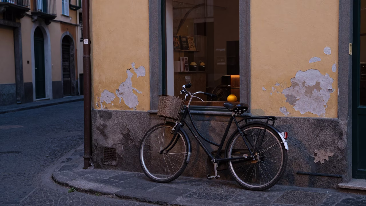 Bicycle Propped in Naples at The Still Hours Before Dawn Light in in Naples, Italy