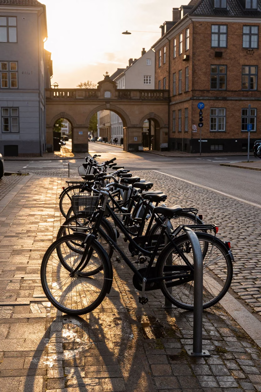 Bicycle Rack in Copenhagen at Golden Hour in in Copenhagen, Denmark