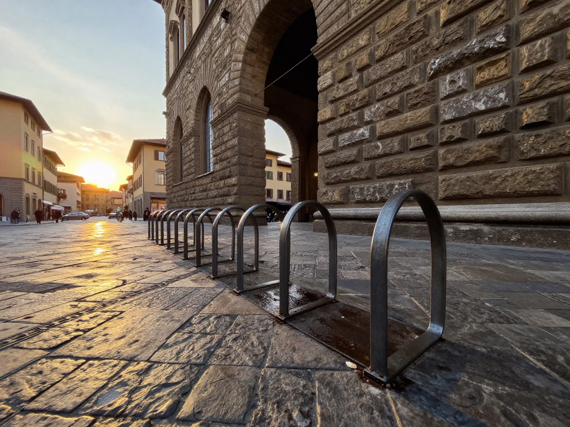 Bicycle Rack in Florence at Golden Hour in in Florence, Italy