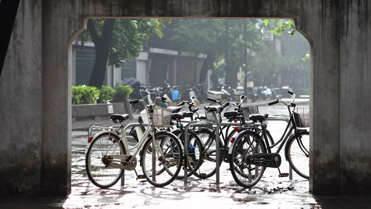 Bicycle Rack in Hanoi at Bright Midmorning Light in in Hanoi, Vietnam