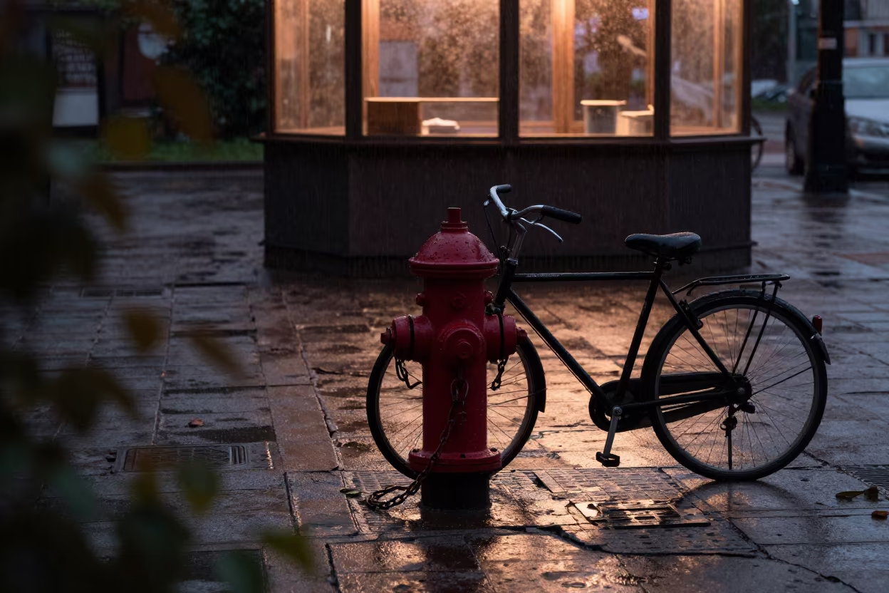 Bicycle Silhouette Chained to Minsk Hydrant in by a rain-darkened kiosk in Minsk