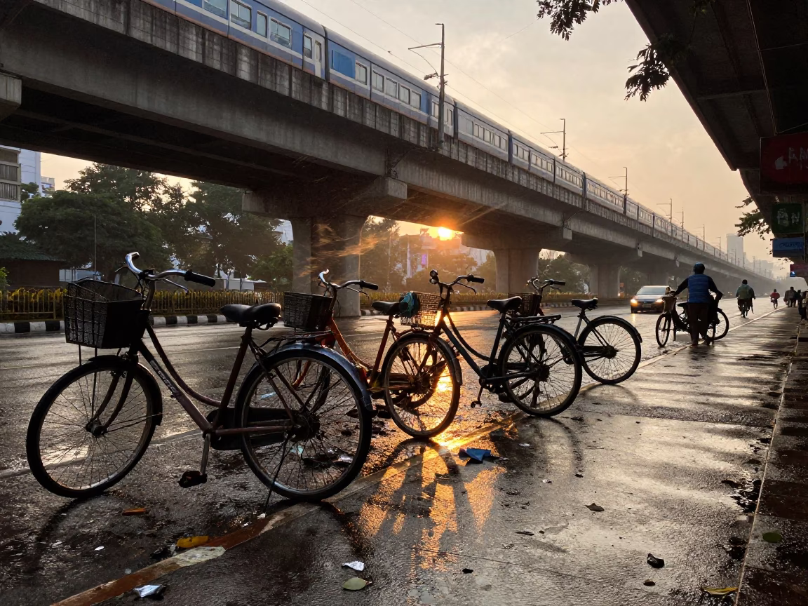 Bicycle Silhouettes on Wet Hyderabad Pavement in under an elevated train line in Hyderabad