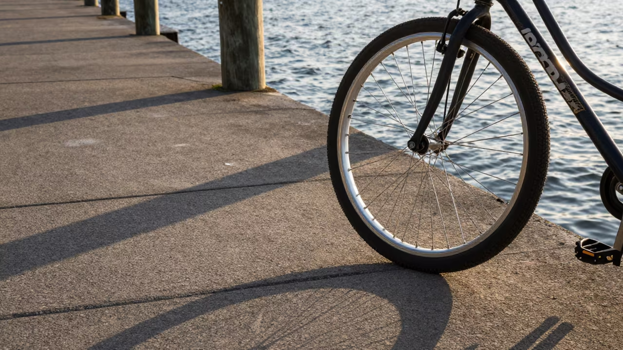 Bicycle Spoke Shadows Ferry Crossing Dawn in across a remote ferry crossing in South Carolina