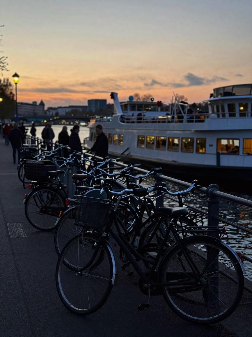 Bicycles Dock in Berlin at The Still Hours Before Dawn Light in in Berlin, Germany