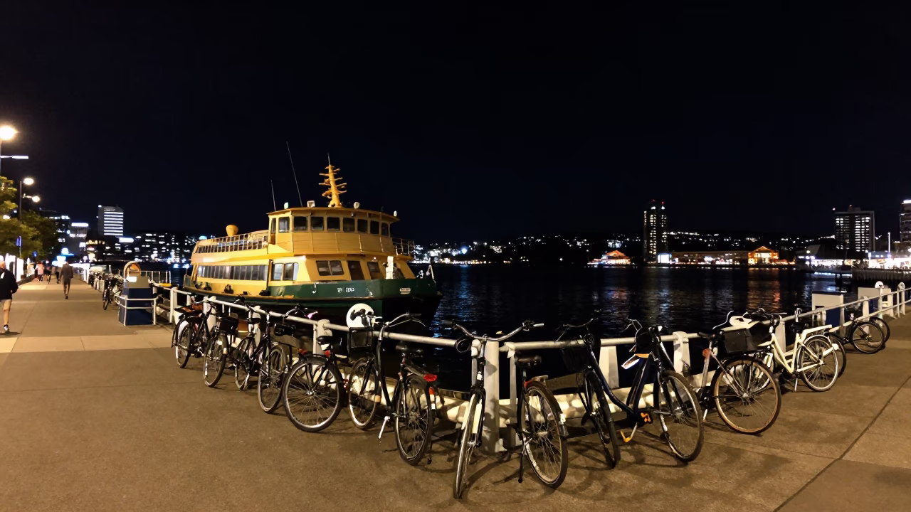 Bicycles Dock in Hobart at The Deepest Night Sky Light in in Hobart, Tasmania, Australia