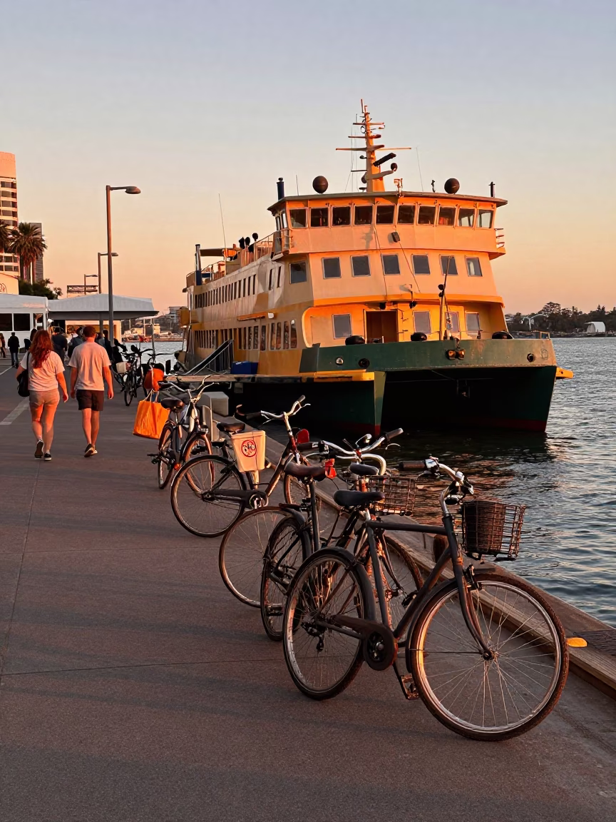 Bicycles Dock in Perth at Copper-toned Light Before Dusk in in Perth, Western Australia, Australia