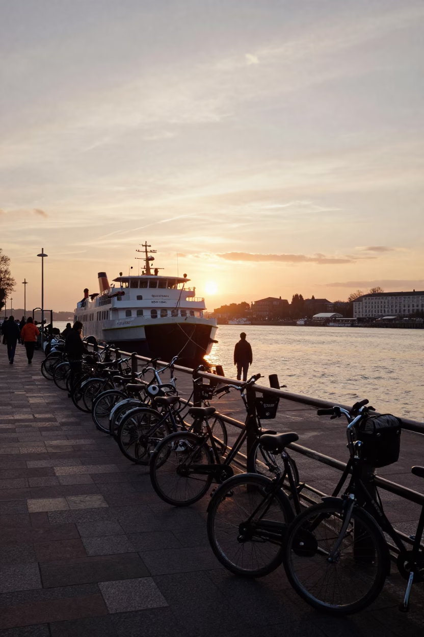 Bicycles Harbourside in Bristol at As The Sun Drops Toward The Horizon in in Bristol, United Kingdom