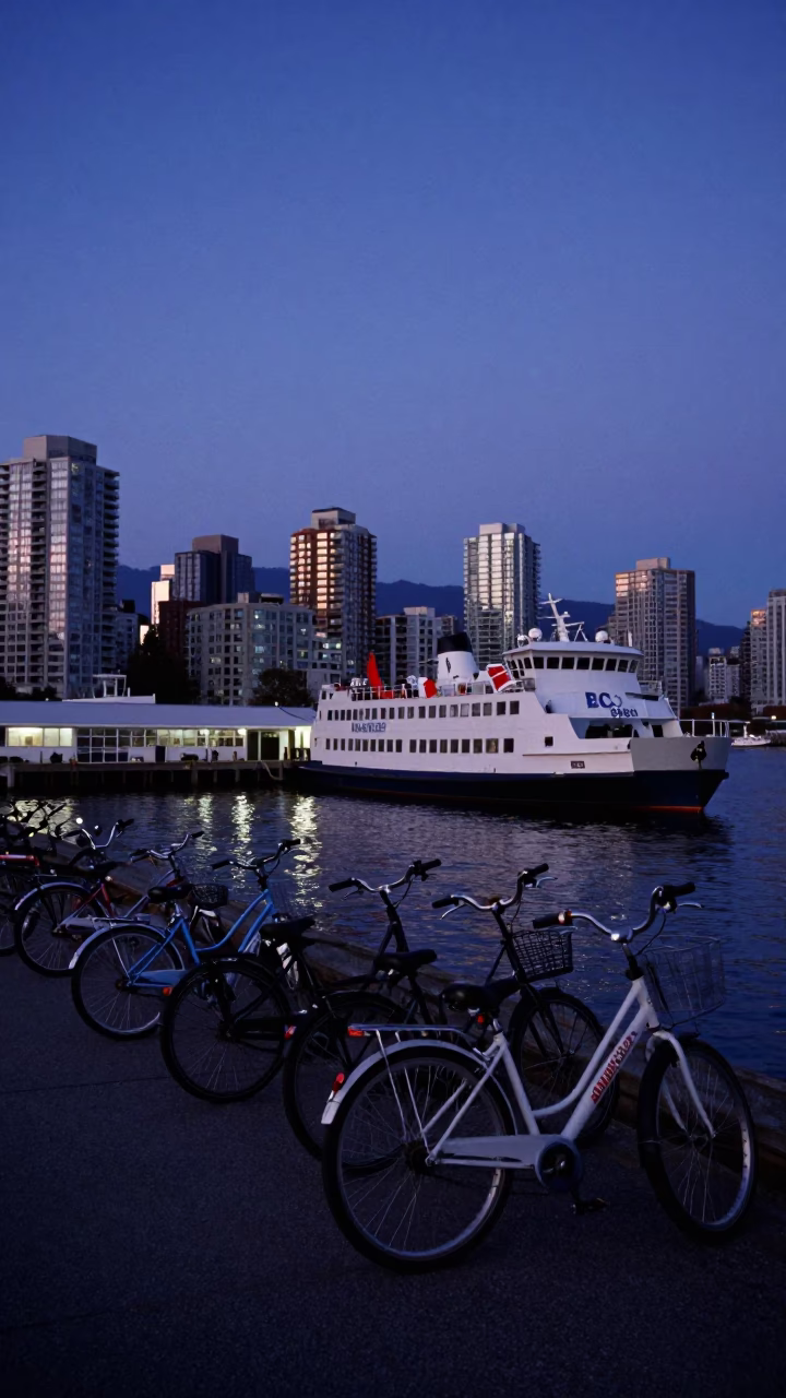 Bicycles in Vancouver at Nautical Dawn Light in in Vancouver, British Columbia, Canada