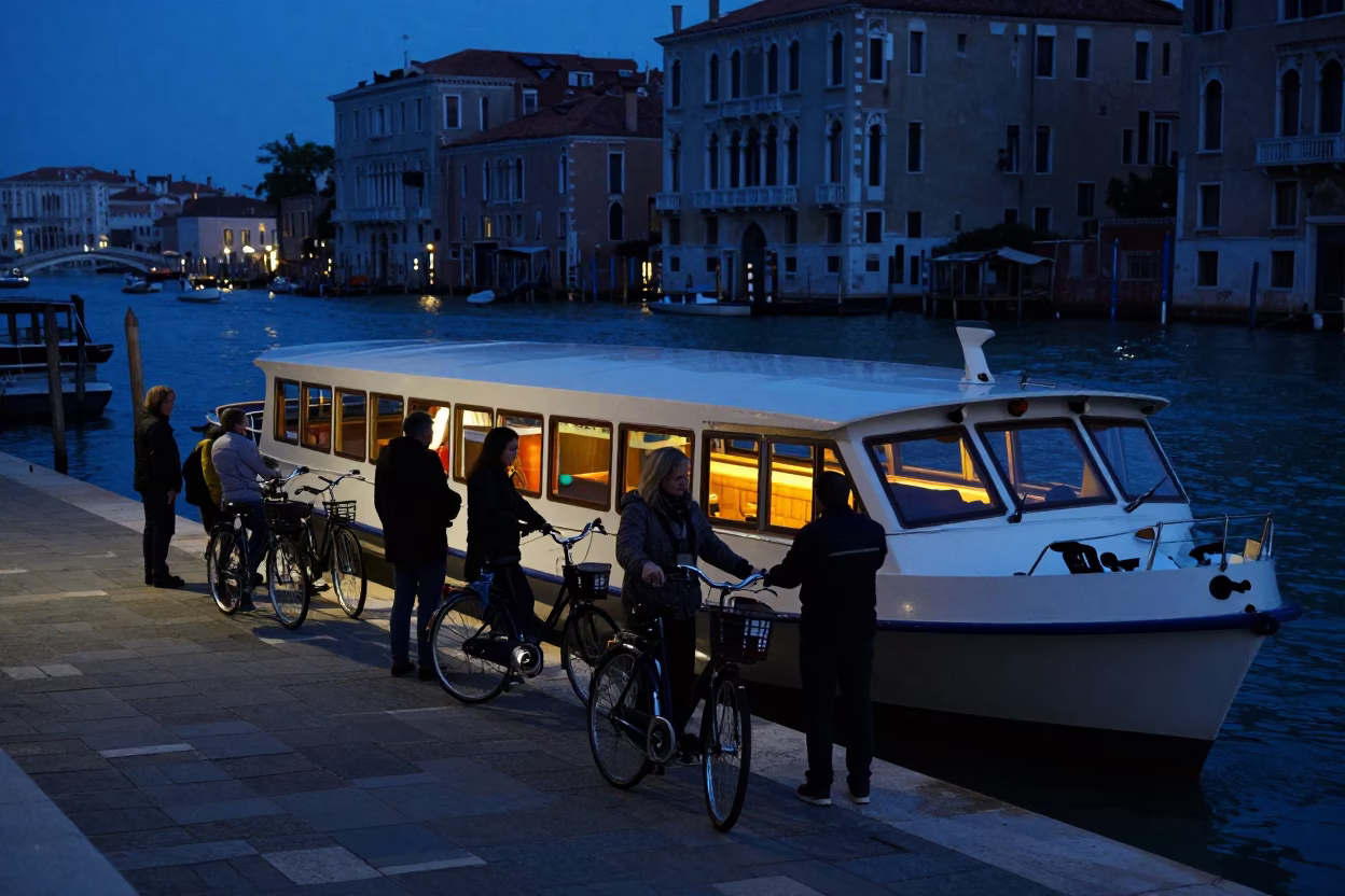 Bicycles in Venice at The Predawn Darkness Light in in Venice, Italy