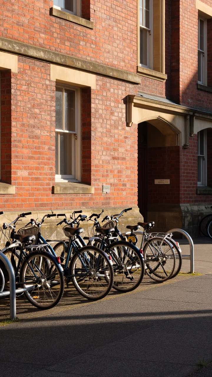 Bicycles parked outside red brick university building in Hobart Tasmania early afternoon in in Hobart, Tasmania, Australia