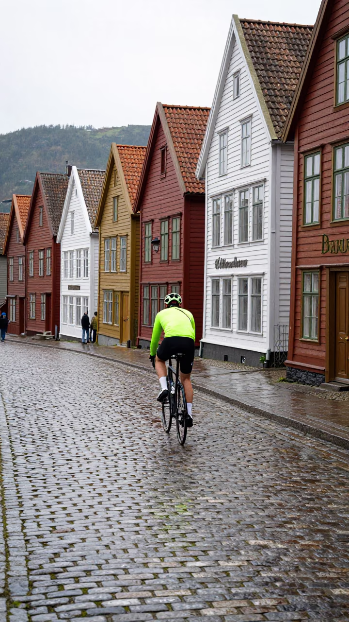 Bicyclist Climbing Steep Cobblestone Street in Bergen Norway at Midday in in Bergen, Norway