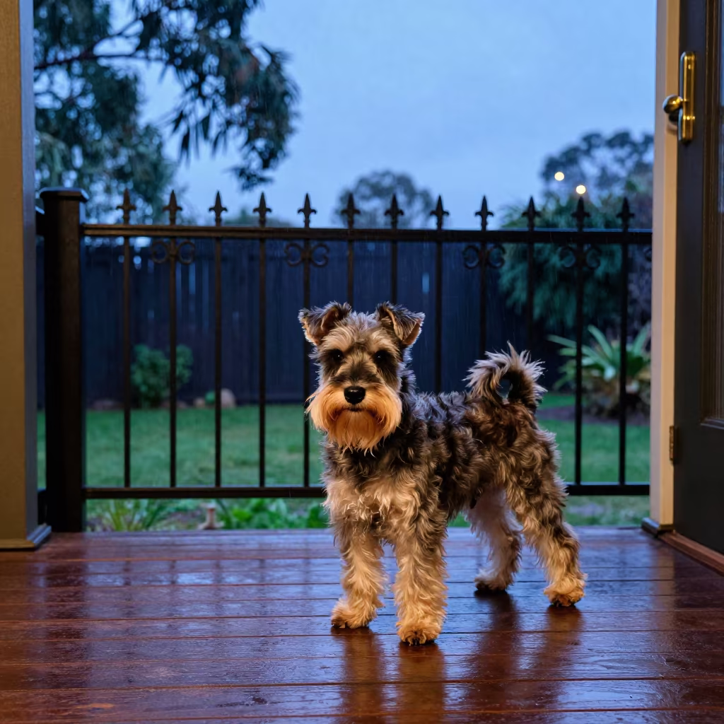Biewer Terrier on Carlton Porch at Midnight in near a garden edge with soft morning light and an uncluttered background in Carlton, Melbourne