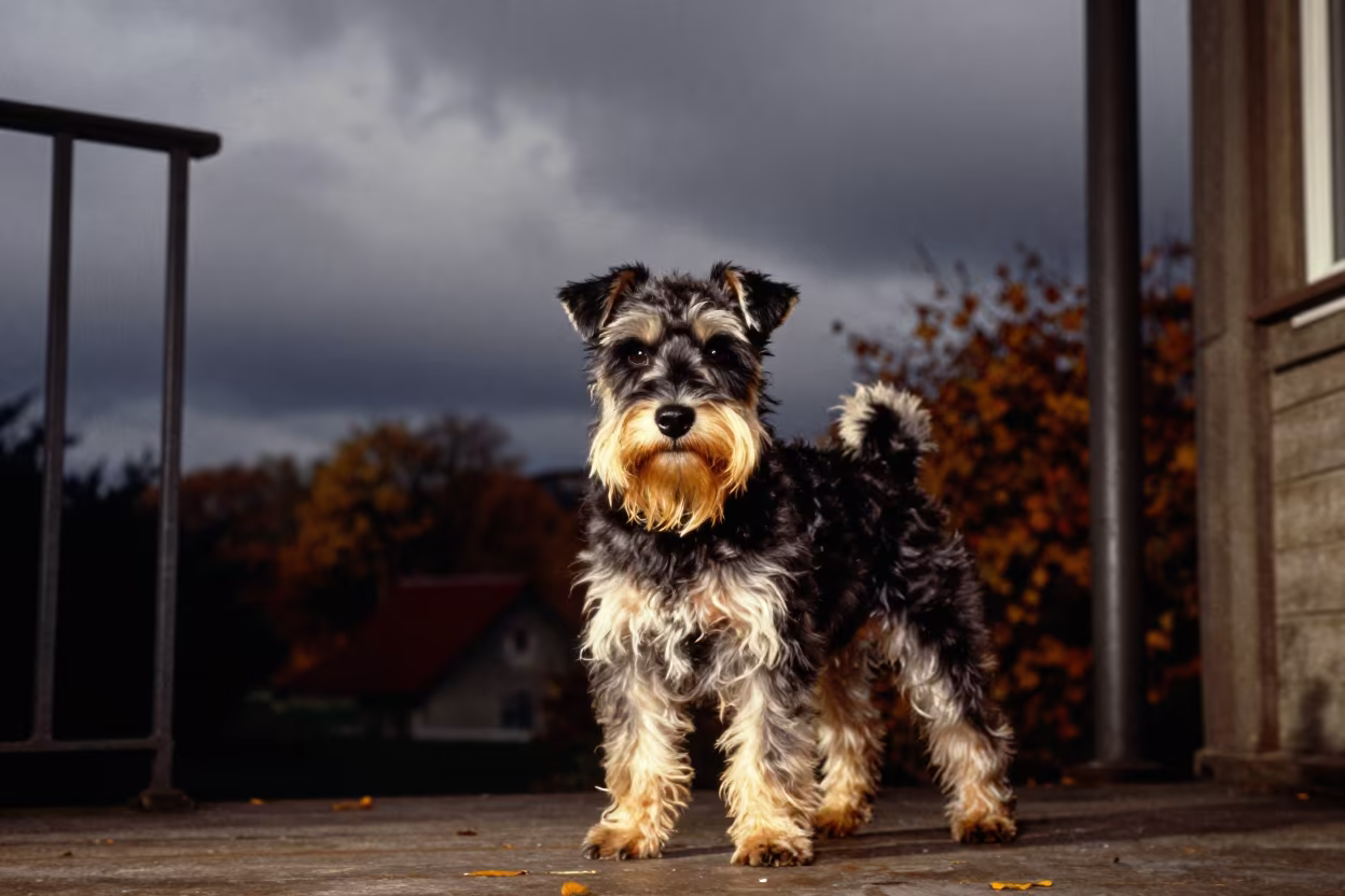 Biewer Terrier on Rennes Porch at Night in on a shaded front porch with boards, railings, and eye-level framing in Rennes