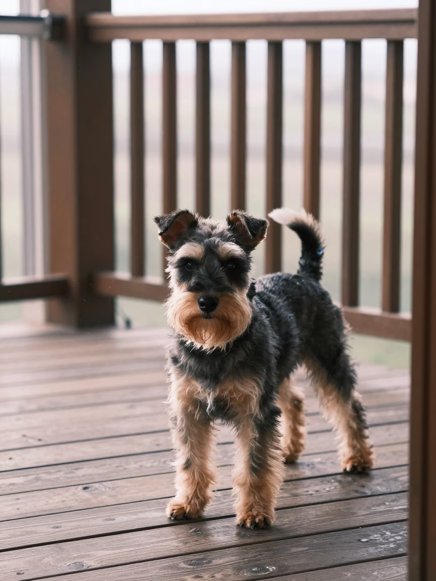 Biewer Terrier on Shaded Moroccan Porch with Dust Light in on a shaded front porch with boards, railings, and eye-level framing near Safi