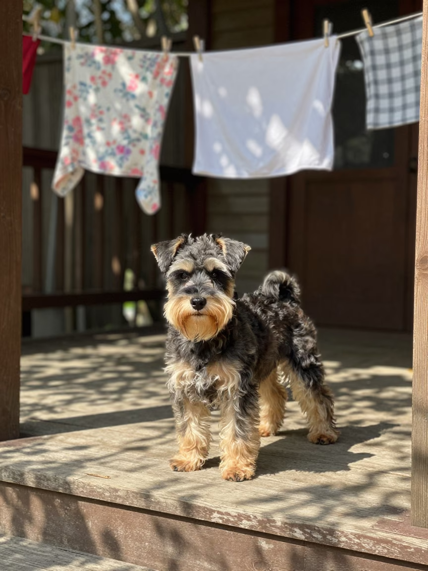 Biewer Terrier on Shaded Porch in Bouskoura in on a shaded front porch with boards, railings, and eye-level framing near Bouskoura