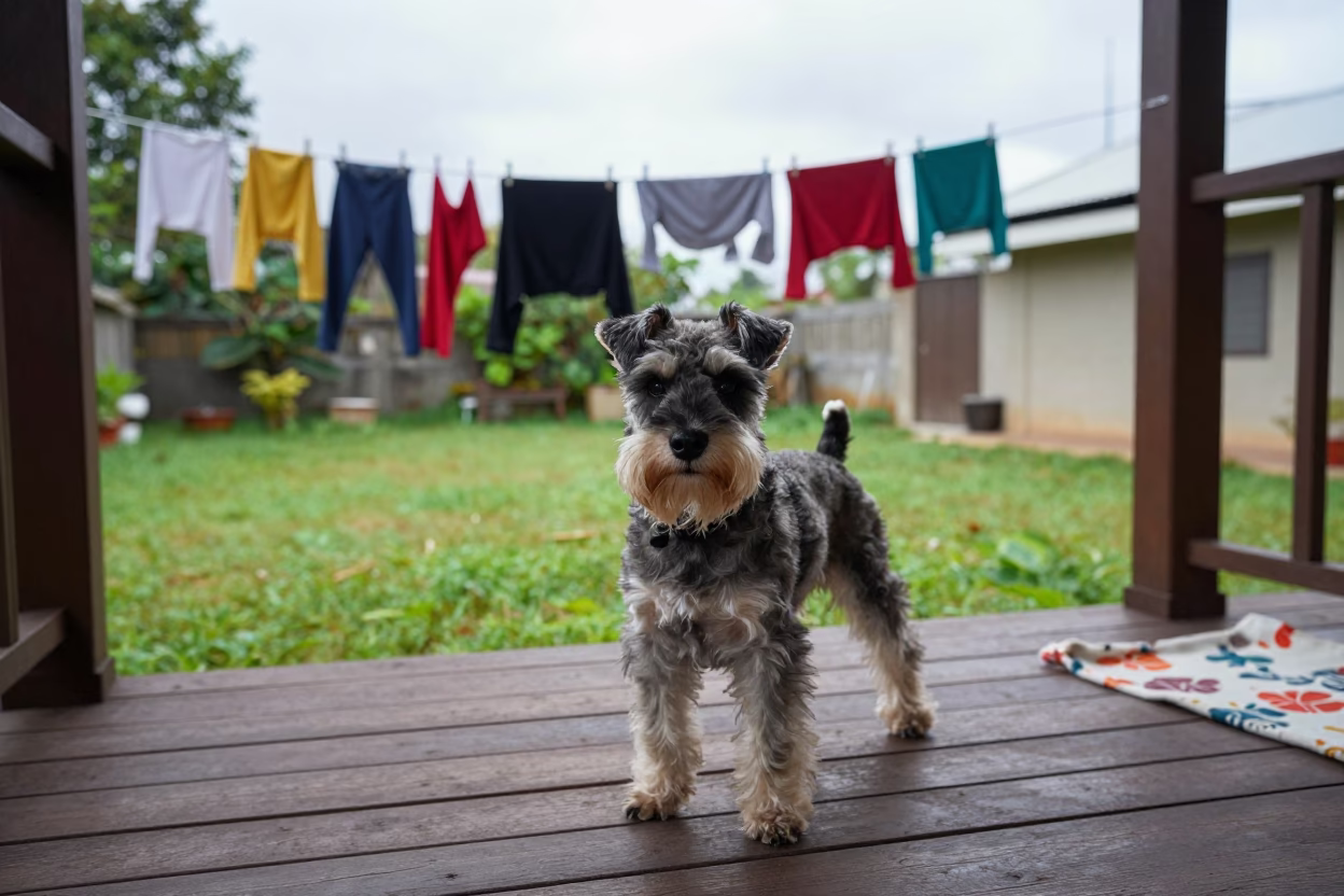 Biewer Terrier on Shaded Porch in Imphal Yard in in a small yard with clipped grass, calm light, and the animal centered in frame in Imphal