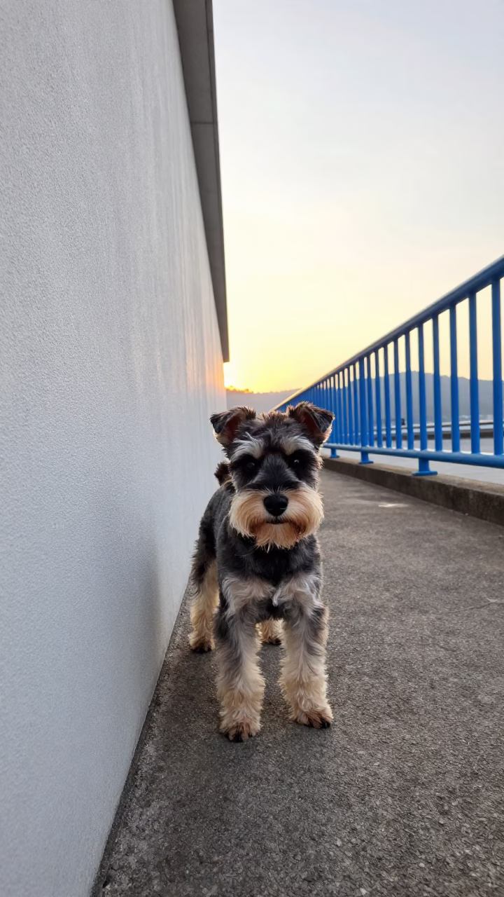 Biewer Terrier Portrait by Plain Courtyard Wall in beside a plain courtyard wall in clear daylight with the animal at eye level in Seiyun