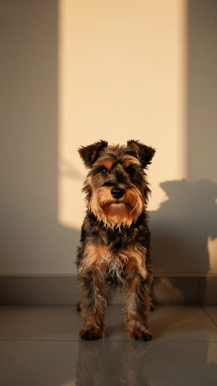 Biewer Terrier Portrait in Santos Winter Light in beside a plain plaster wall in soft indoor light with the animal centered in frame in Santos