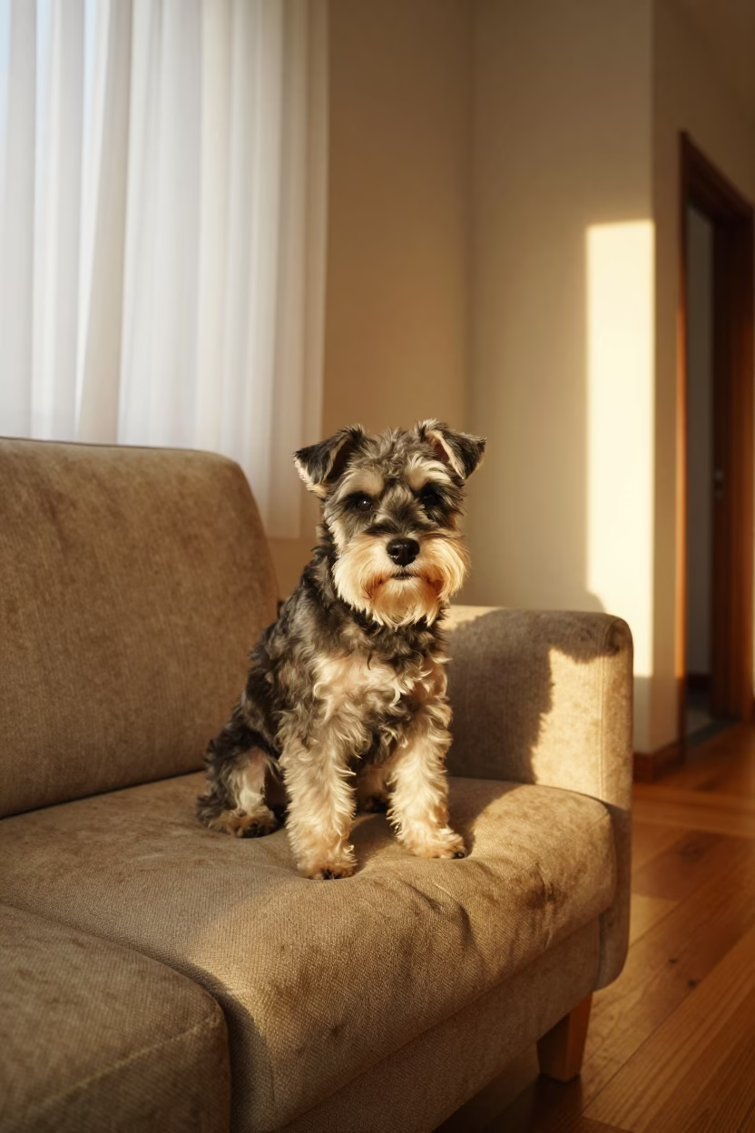 Biewer Terrier Portrait on Sofa in Puerto La Cruz in on a sofa near a curtained window with calm indoor light near Puerto La Cruz
