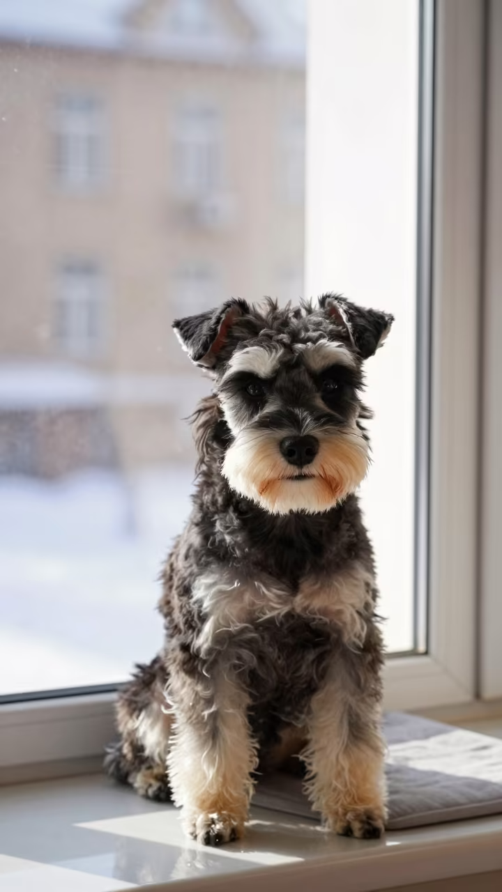Biewer Terrier Portrait on Window Seat Harbin in on a cushioned window seat with soft side light and an uncluttered background near Harbin