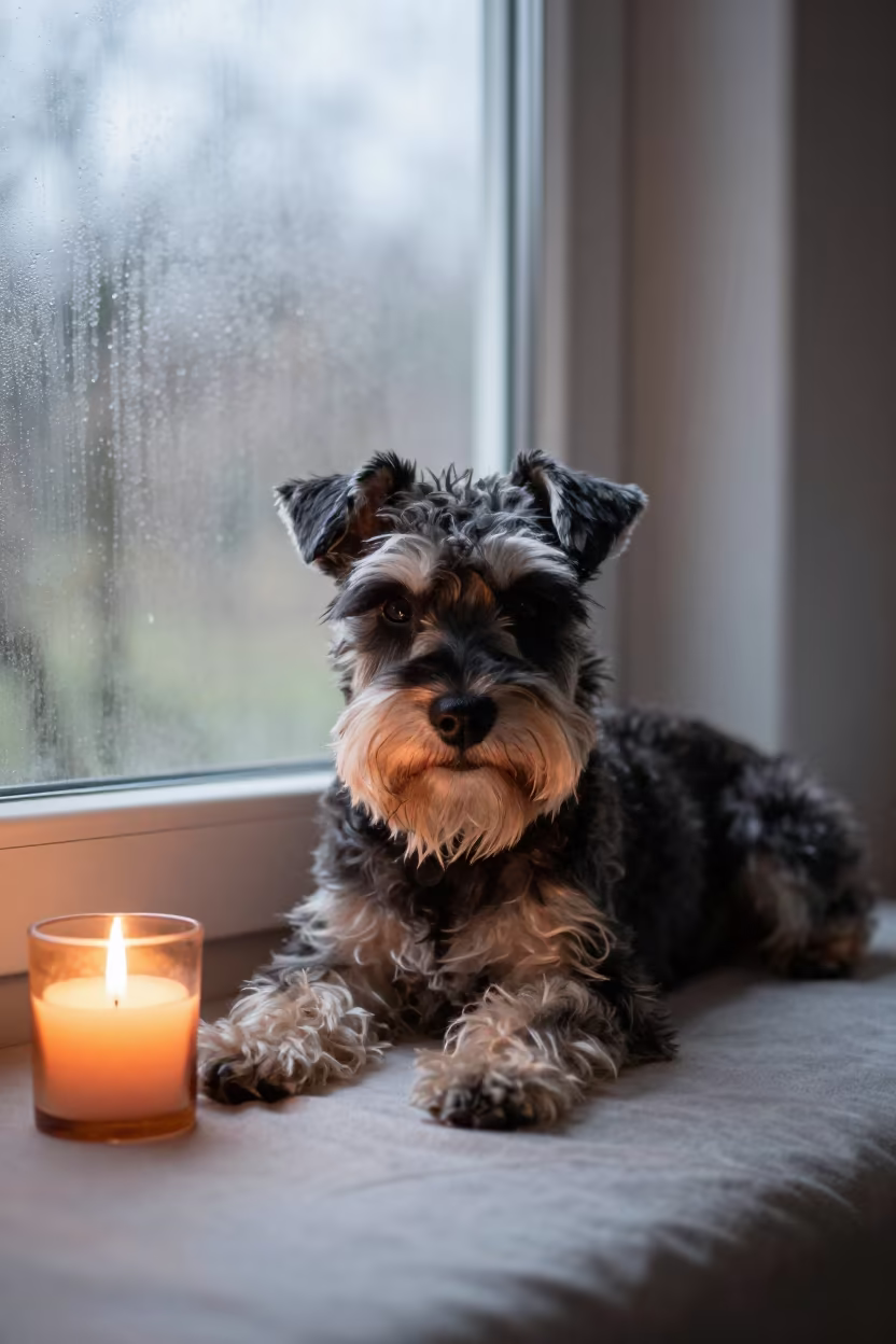 Biewer Terrier Resting on Bedspread Near Window in on a bedspread near a bright window with calm indoor light near Windsor