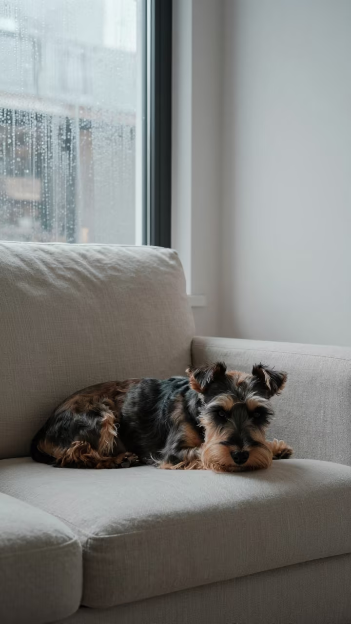 Biewer Terrier Resting on Linen Sofa in Al-Fashir in on a linen sofa with daylight from a nearby window in Al-Fashir
