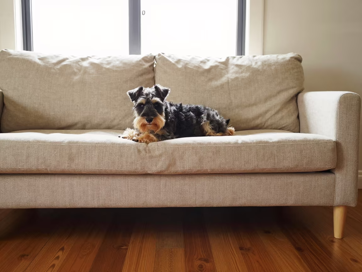 Biewer Terrier Resting on Linen Sofa in Late Afternoon Light in on a linen sofa with daylight from a nearby window in St Johns