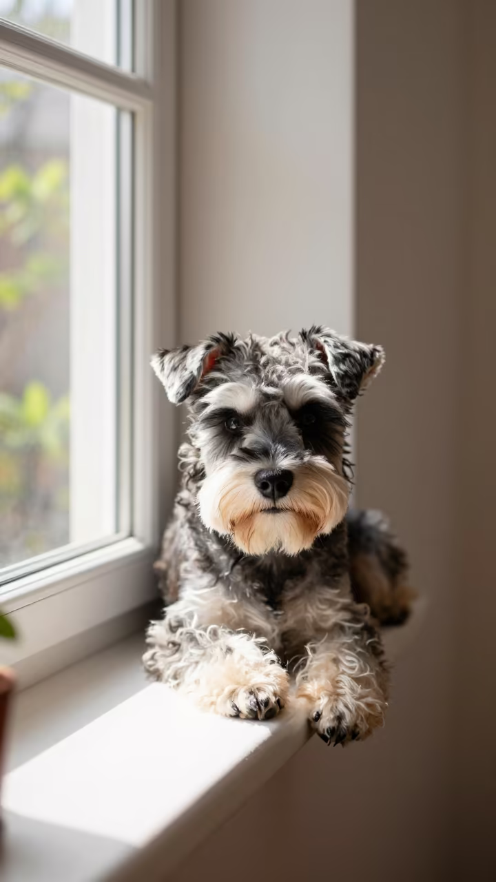 Biewer Terrier Resting on Window Seat in on a window seat in a quiet apartment with soft side light in Victoria