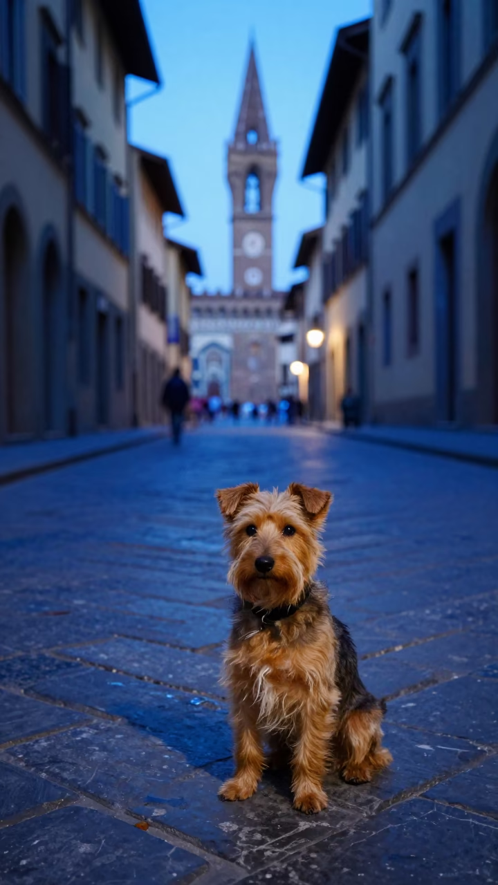 Biewer Terrier Sitting on Cobblestones in Florence Italy Evening Blue Light in in Florence, Italy
